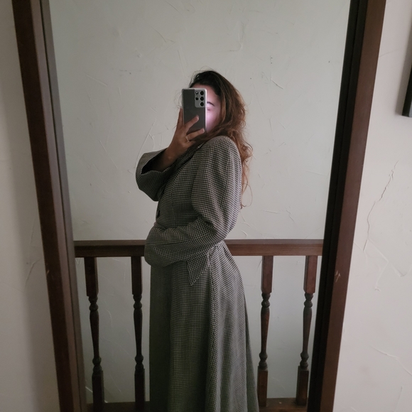 VINTAGE Micro Houndstooth Wool Long Riding Trench Coat Womens S/M Black ivory - Picture 4 of 14